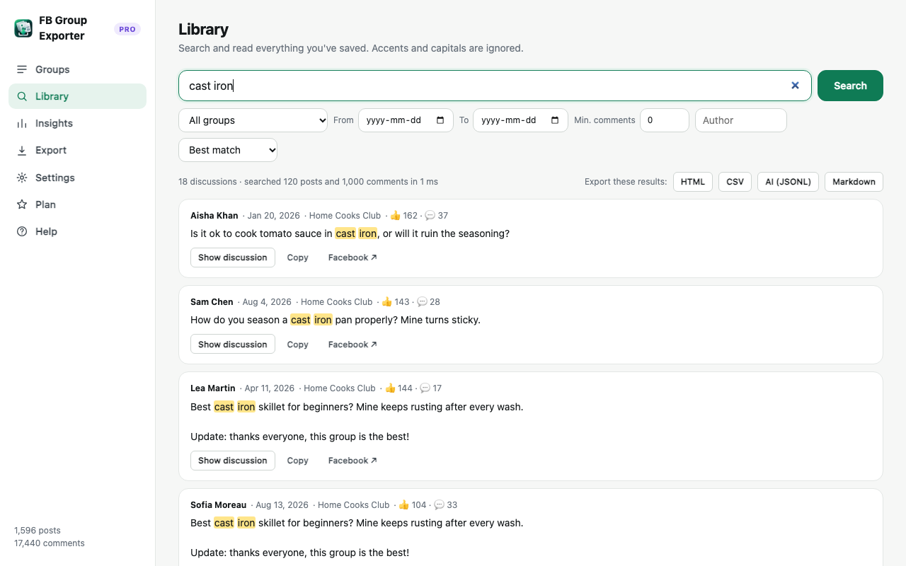 Searching saved Facebook group discussions with filters for group, date, author and comment count