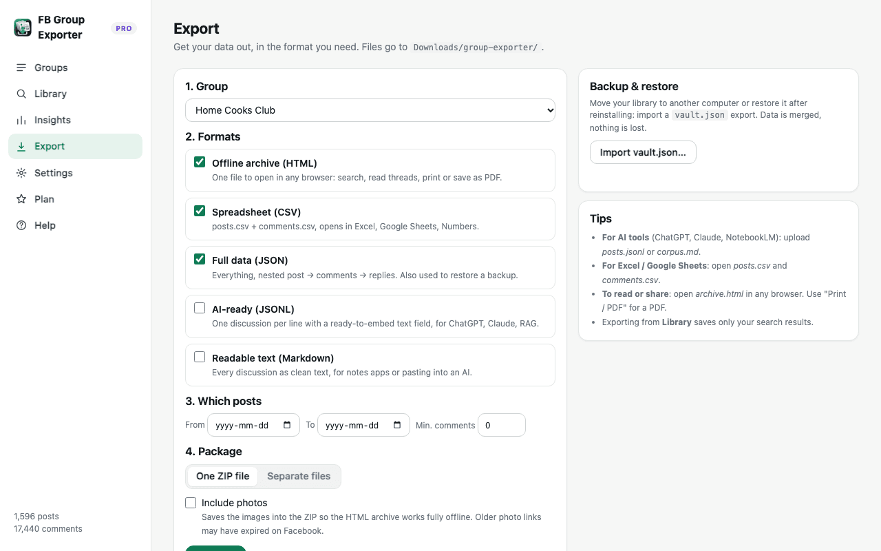Export settings with the Include photos option for a ZIP download