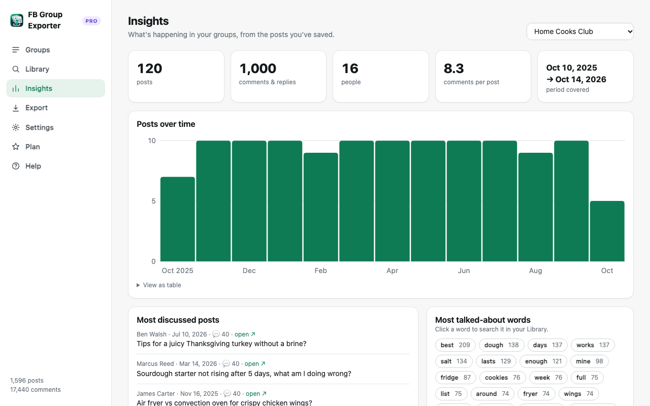FB Group Exporter Insights page with posts over time chart, most discussed posts and most talked-about words