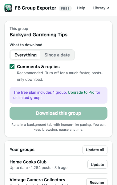 FB Group Exporter popup offering to download a Facebook group with options for date range and comments