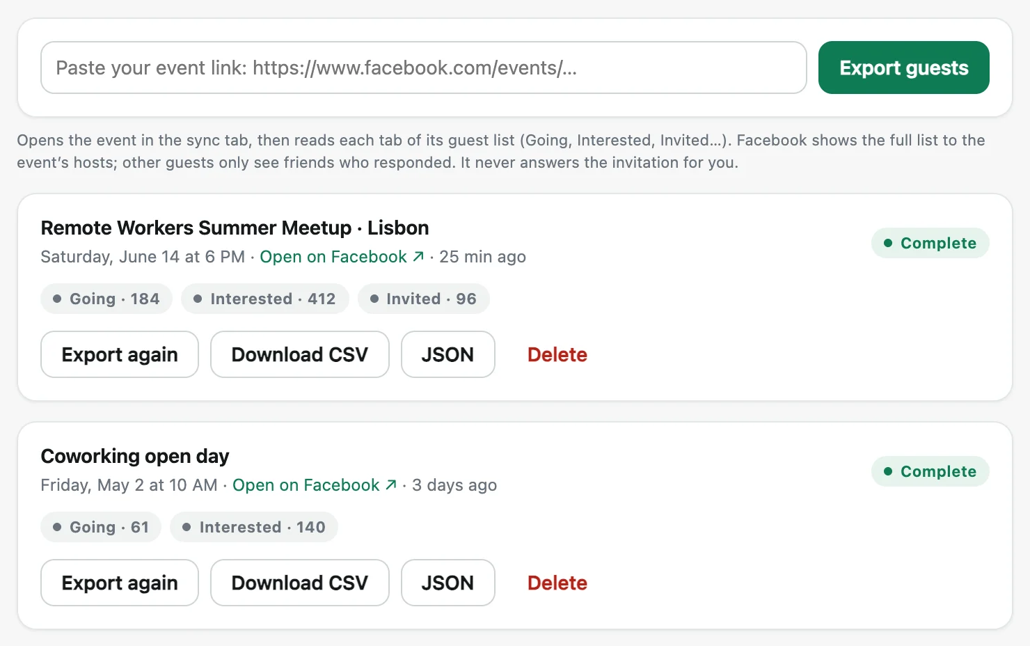 Exported events with their Going, Interested and Invited guest counts and CSV download