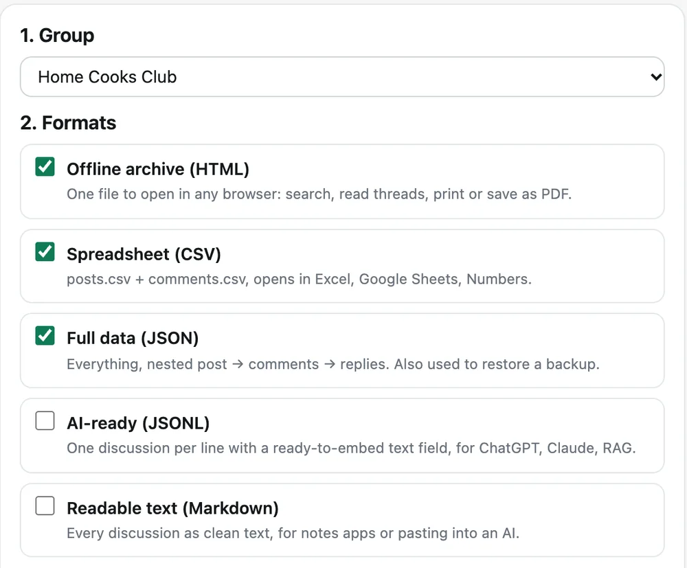 Export page with HTML, CSV, JSON, JSONL and Markdown formats