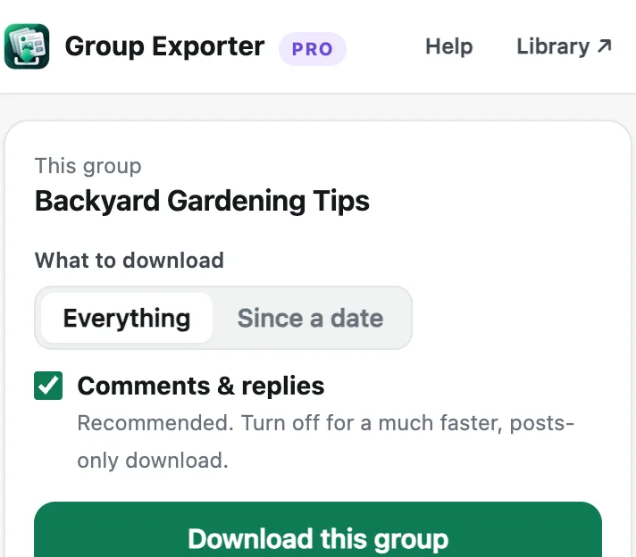 The extension popup on a Facebook group, with the Download this group button
