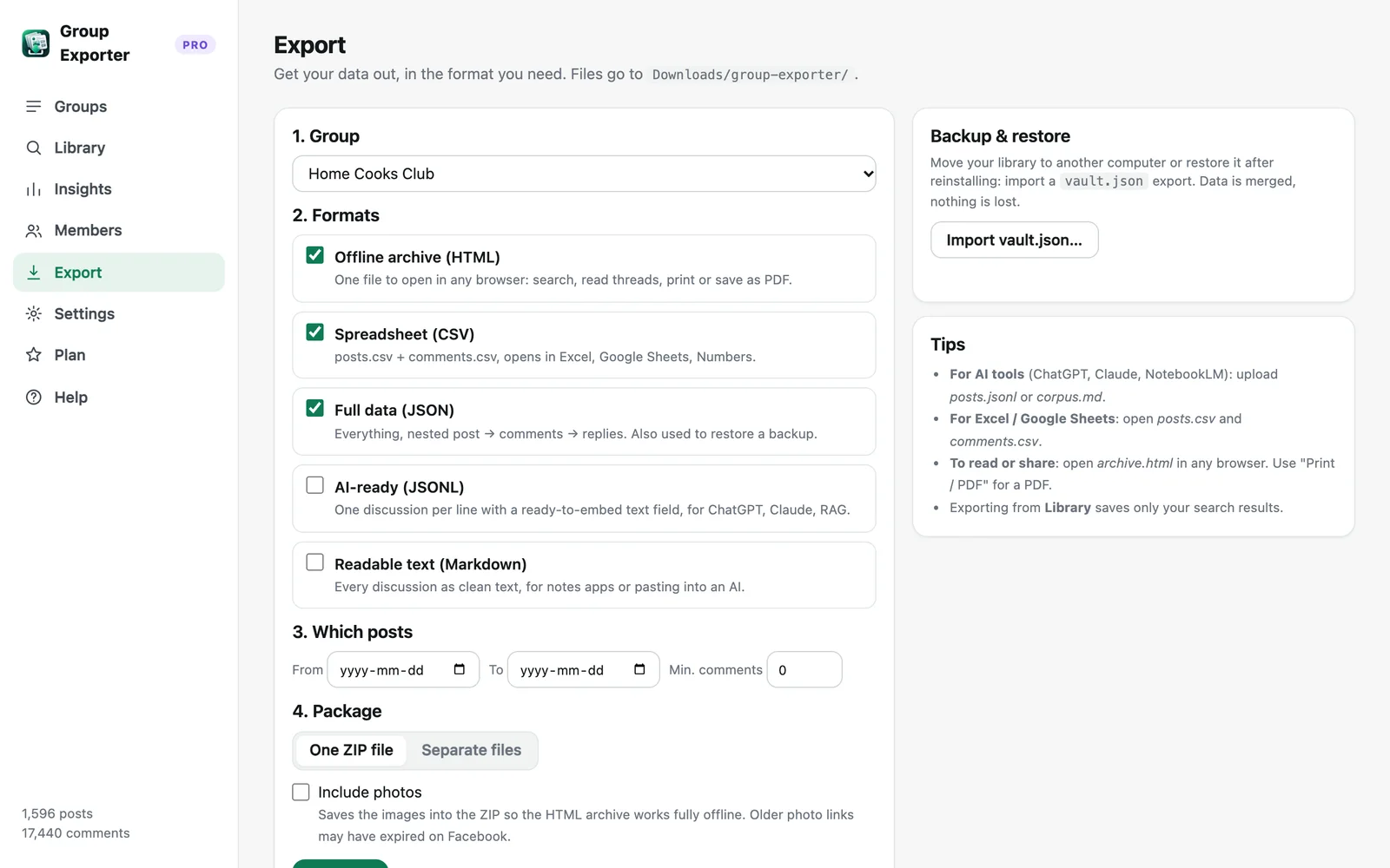La pantalla de exportación de Group Exporter for Facebook con los formatos CSV, HTML, JSON, JSONL y Markdown