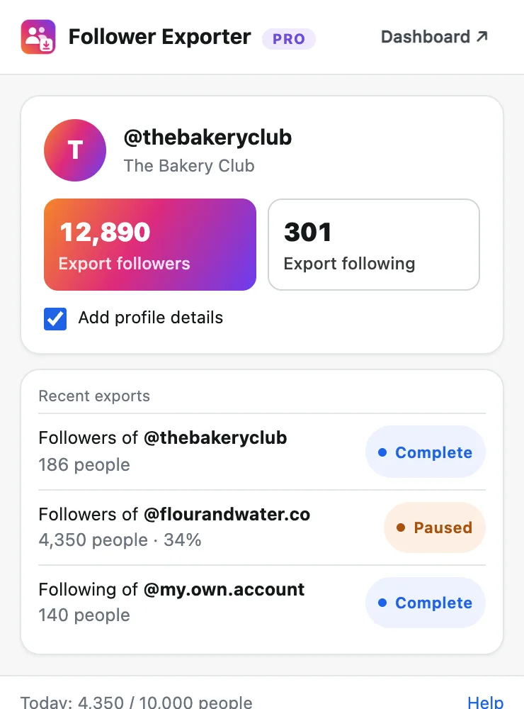 The extension popup on an Instagram profile with Export followers and Export following buttons