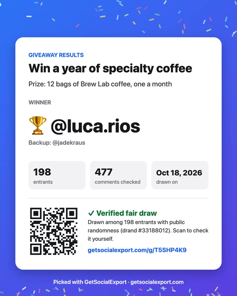 Winner announcement image with the certificate QR code