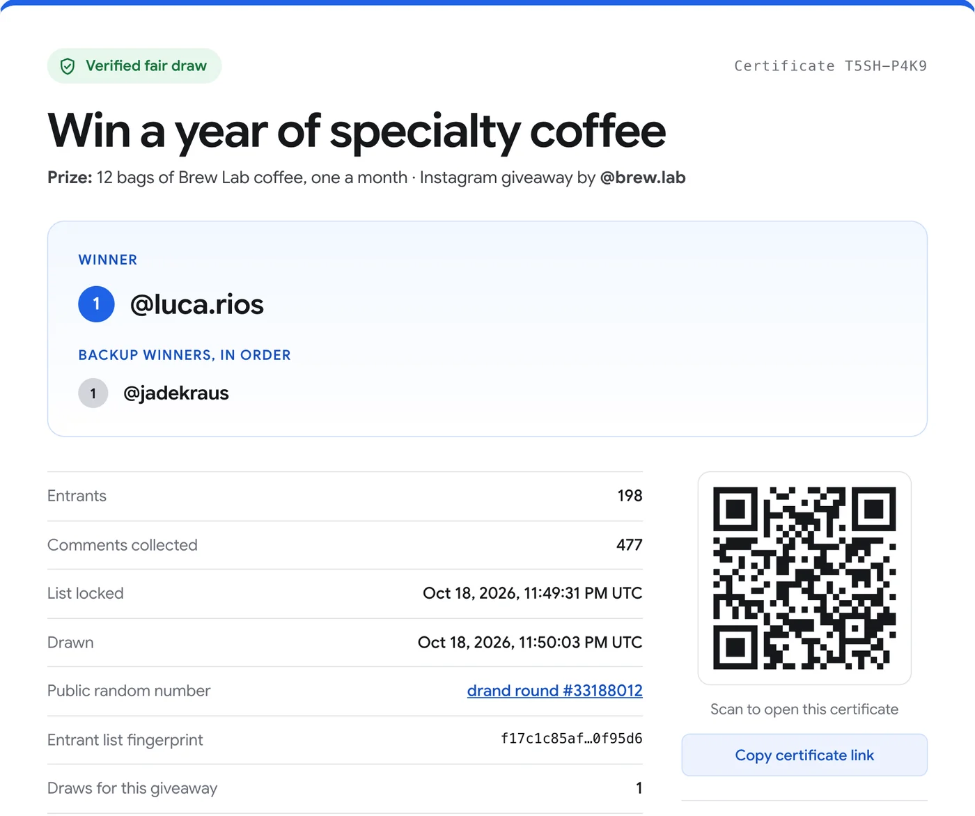 Public giveaway certificate with winners, facts and QR code