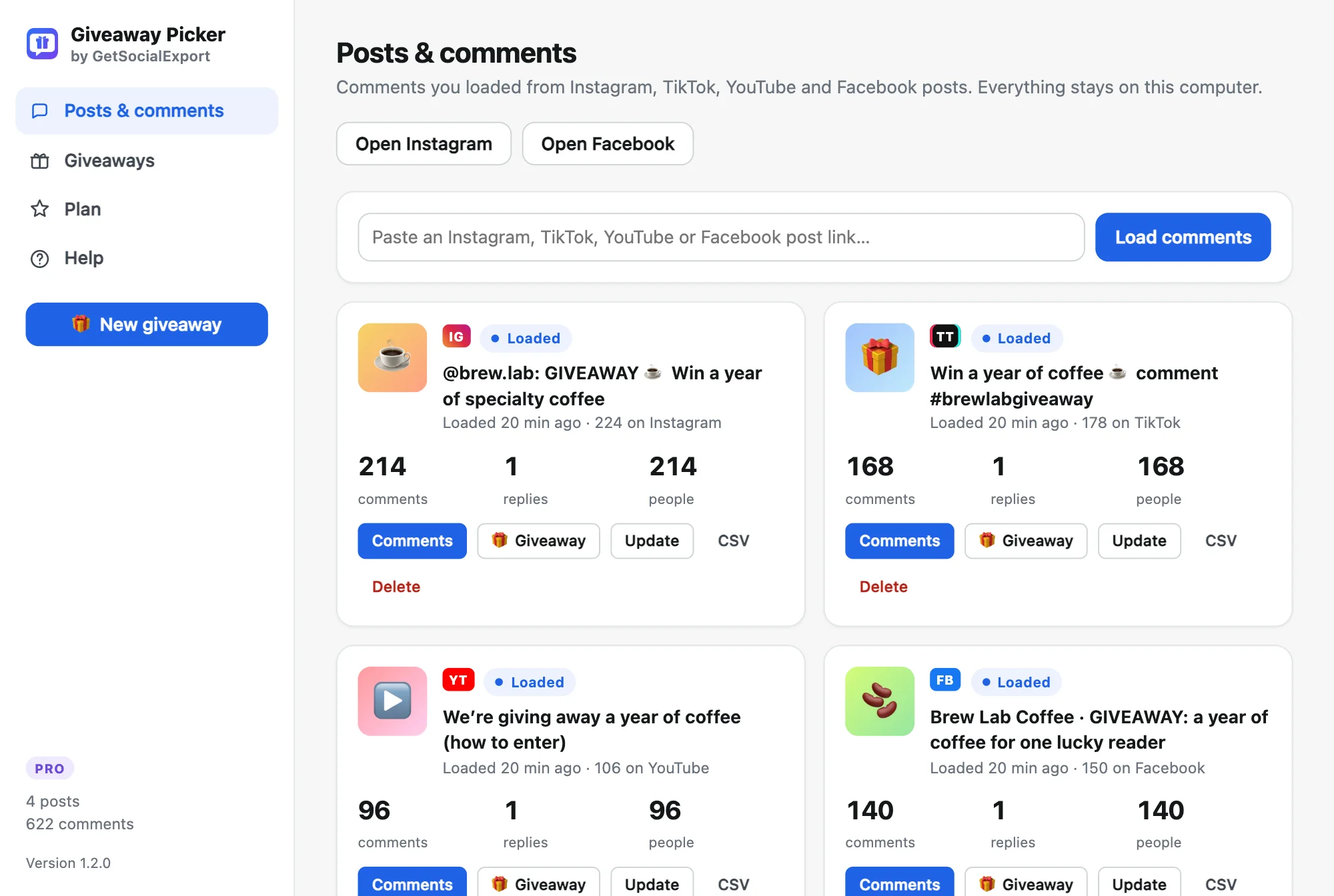 Comments loaded from an Instagram post, a TikTok, a YouTube video and a Facebook post