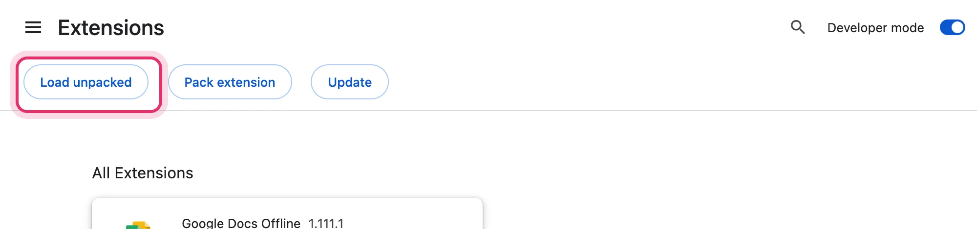 The Load unpacked button highlighted after turning on Developer mode