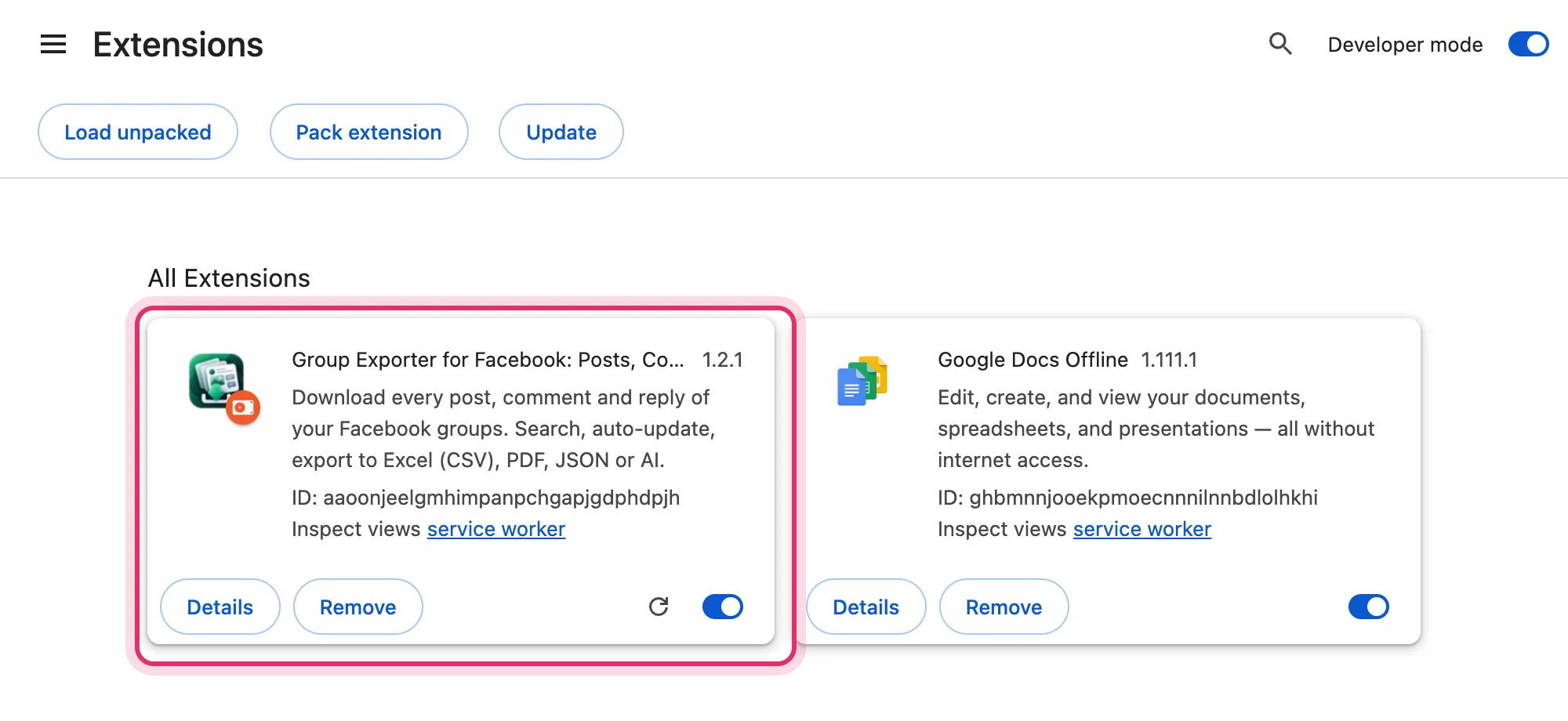 Group Exporter for Facebook installed and enabled in the list of extensions