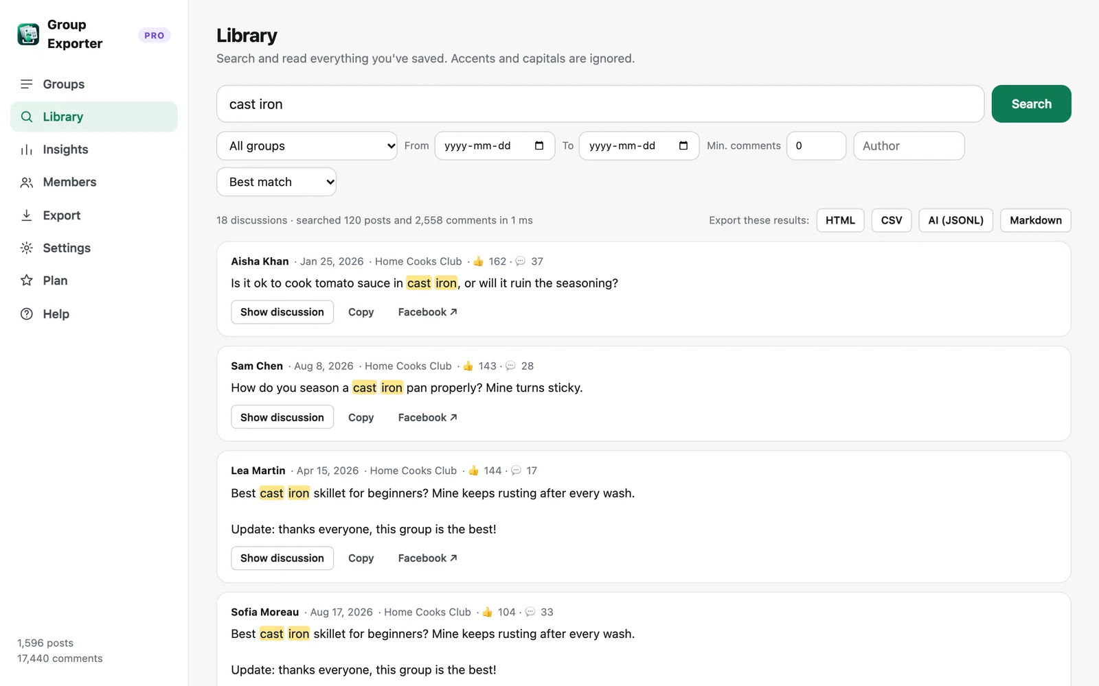 Recherche dans les discussions de groupes Facebook enregistrées, avec filtres par groupe, date, auteur et nombre de commentaires