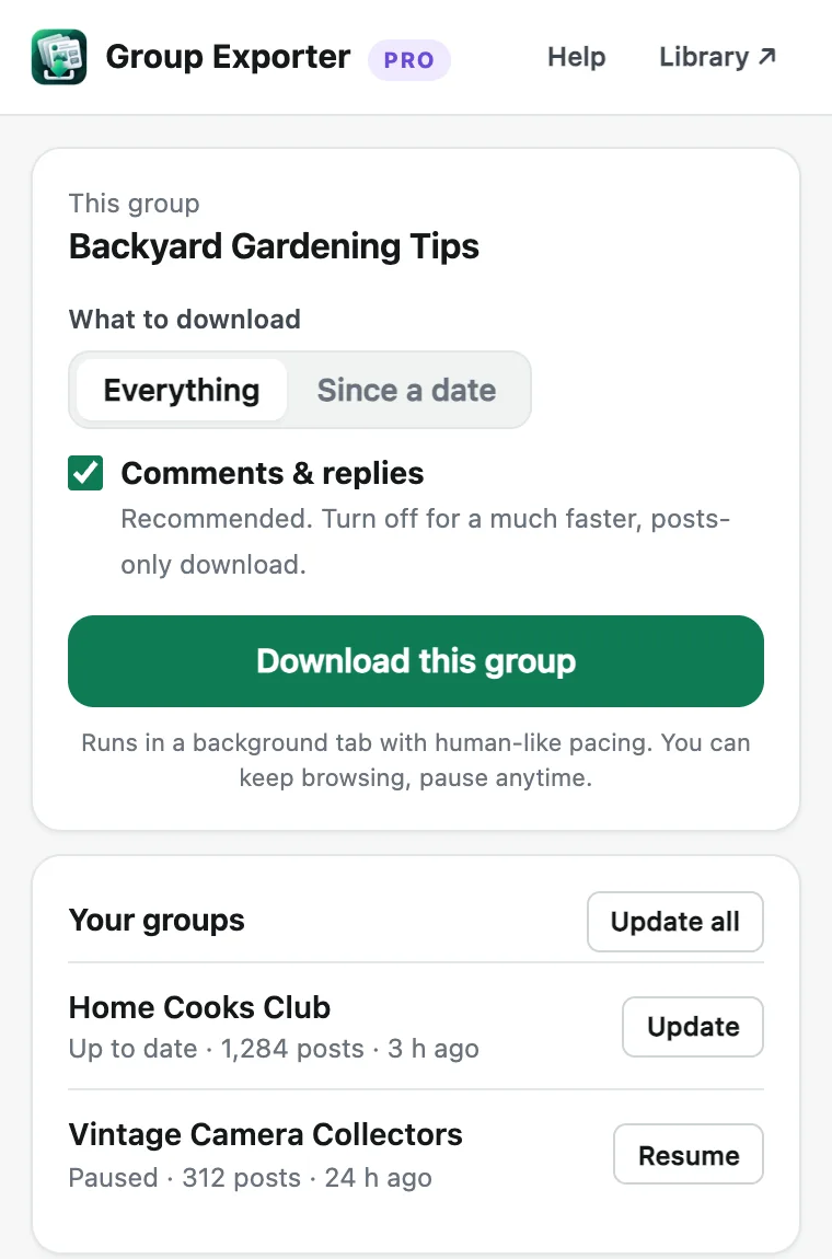 Ventana de Group Exporter for Facebook que ofrece descargar un grupo de Facebook con opciones de fechas y comentarios
