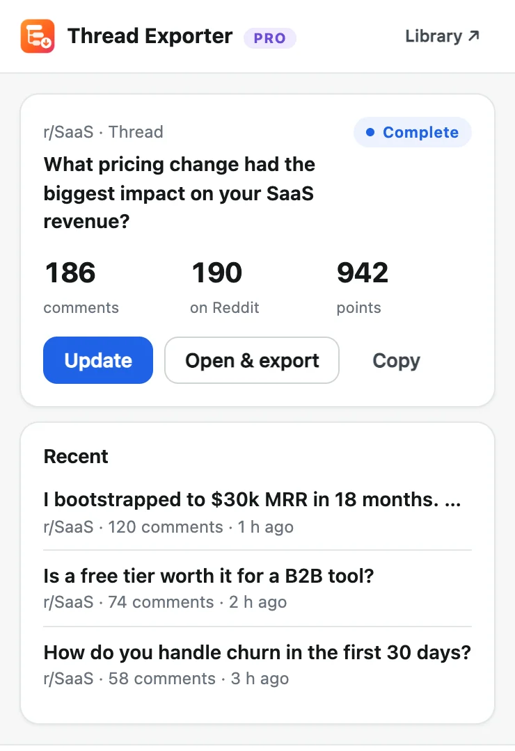 The extension popup on a Reddit thread