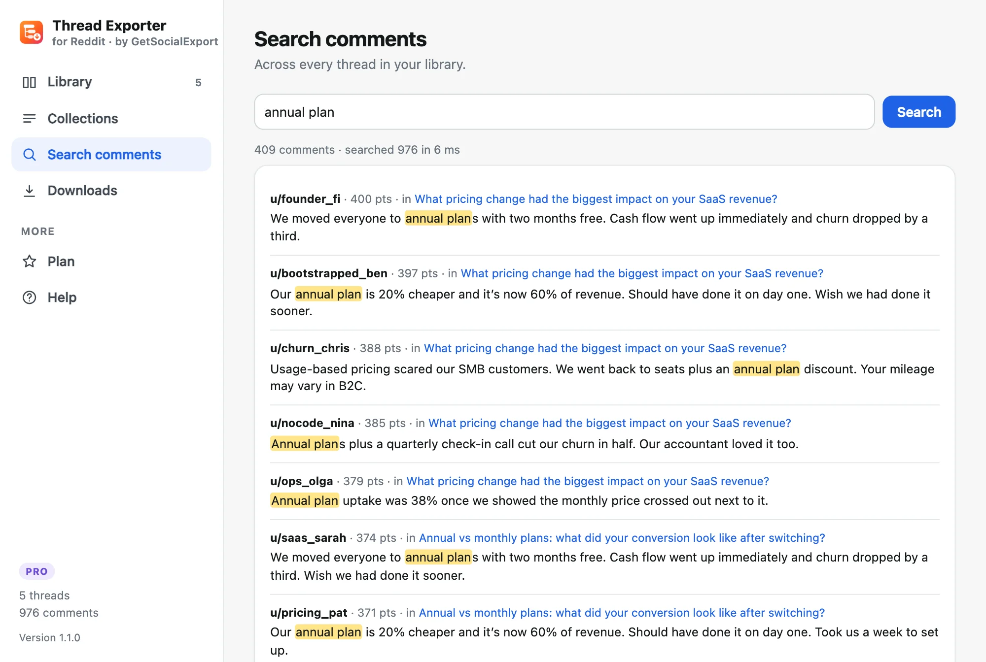 Searching every exported comment for “annual plan”, with highlighted matches
