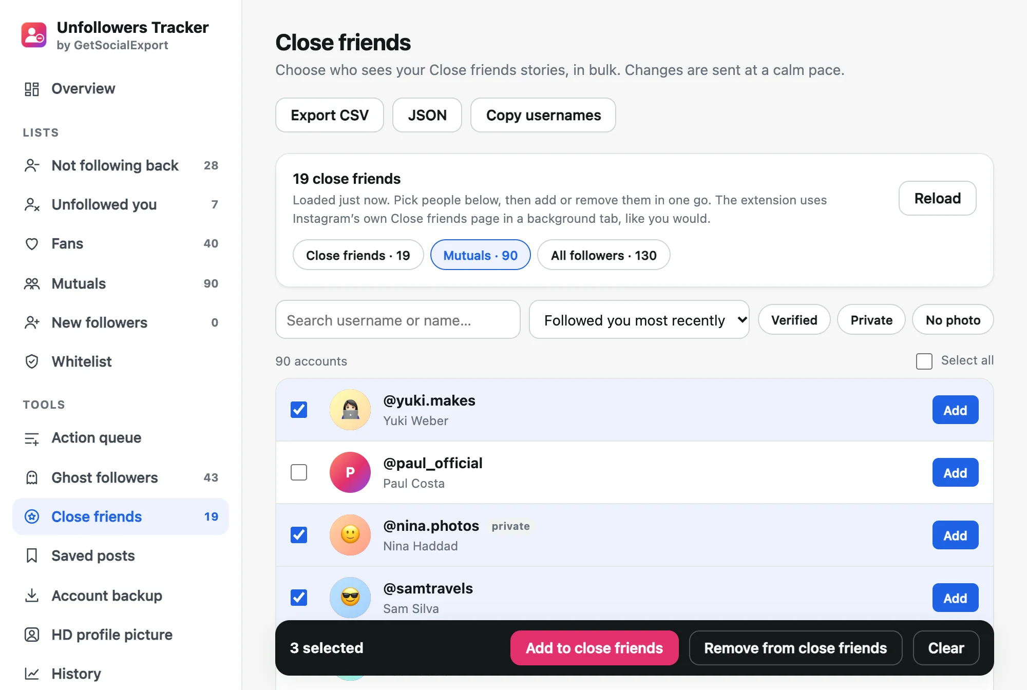 Close friends manager: mutuals with close friend tags and three people selected to add
