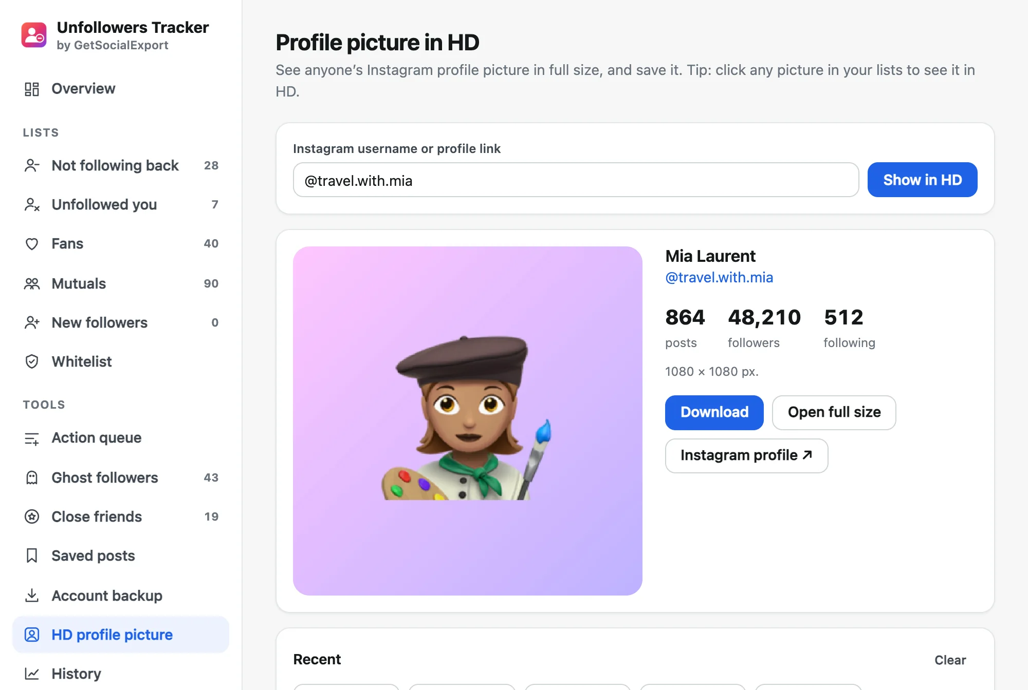 HD profile picture viewer showing a 1080 × 1080 profile picture with a Download button