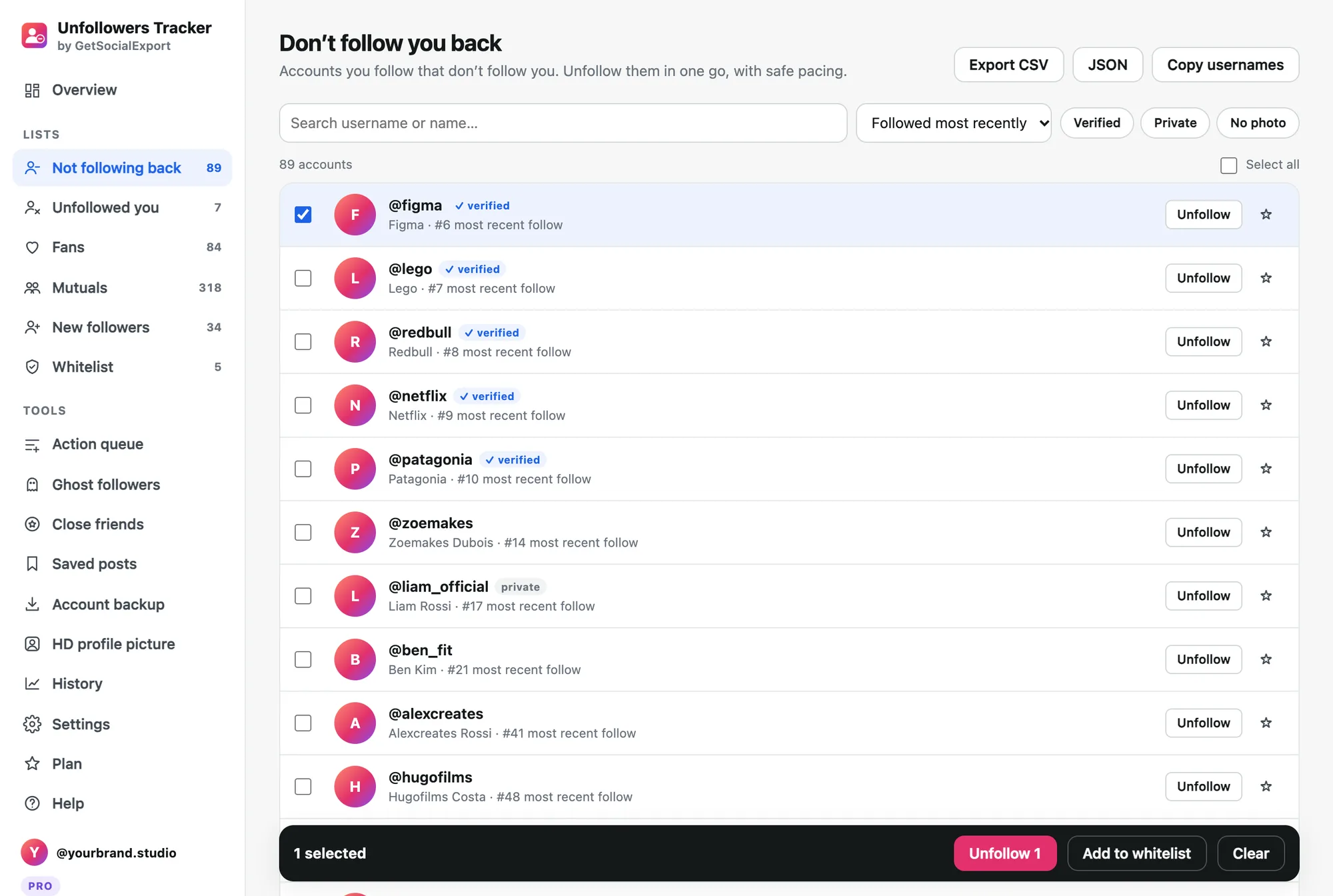 List of accounts that don’t follow back, with filters and selection