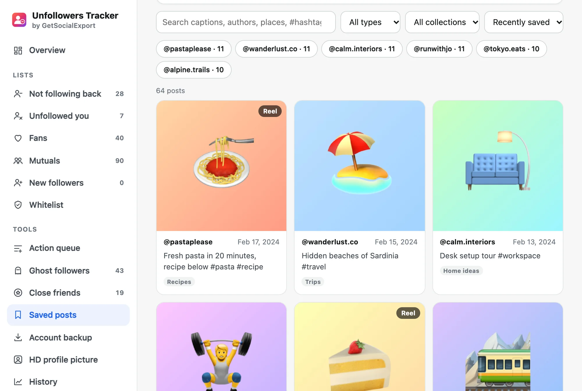 Saved posts searchable by caption, author and collection, shown as a grid